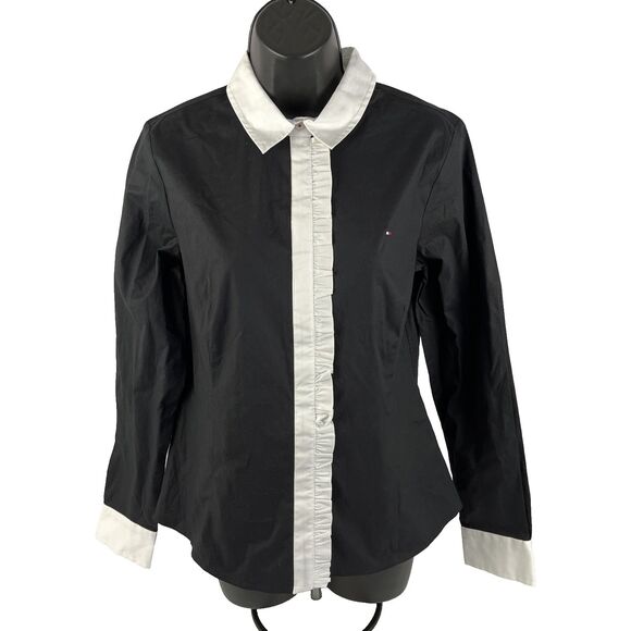 New Women’s Tommy Hilfiger LS Tuxedo Ruffle Button Up Shirt Sz L Black White - Picture 1 of 9